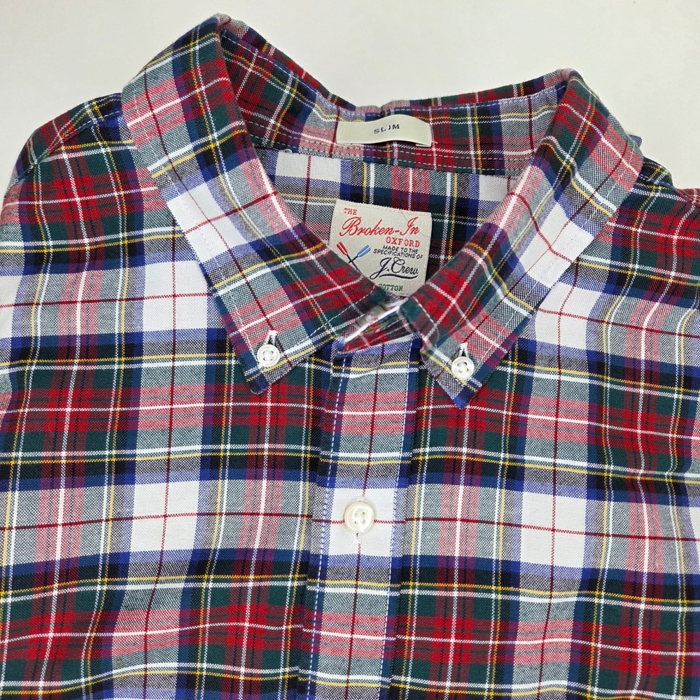 J.Crew Mens Broken-In Oxford Slim Fit Plaid Shirt Large Red‎ Blue Tartan Cotton